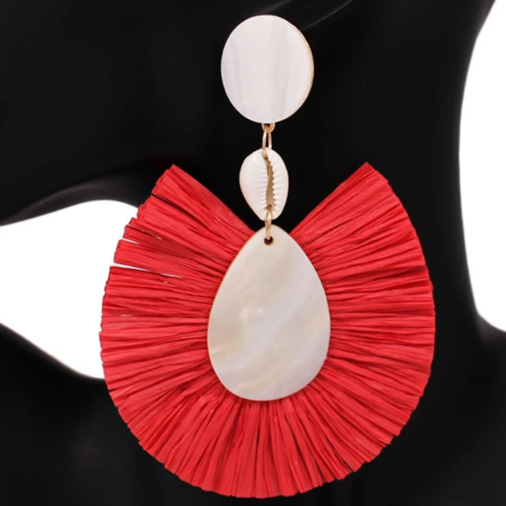 Red Fan Puka Shell Raffia Trimmed Teardrop Mother Of Pearl Dangle Earrings